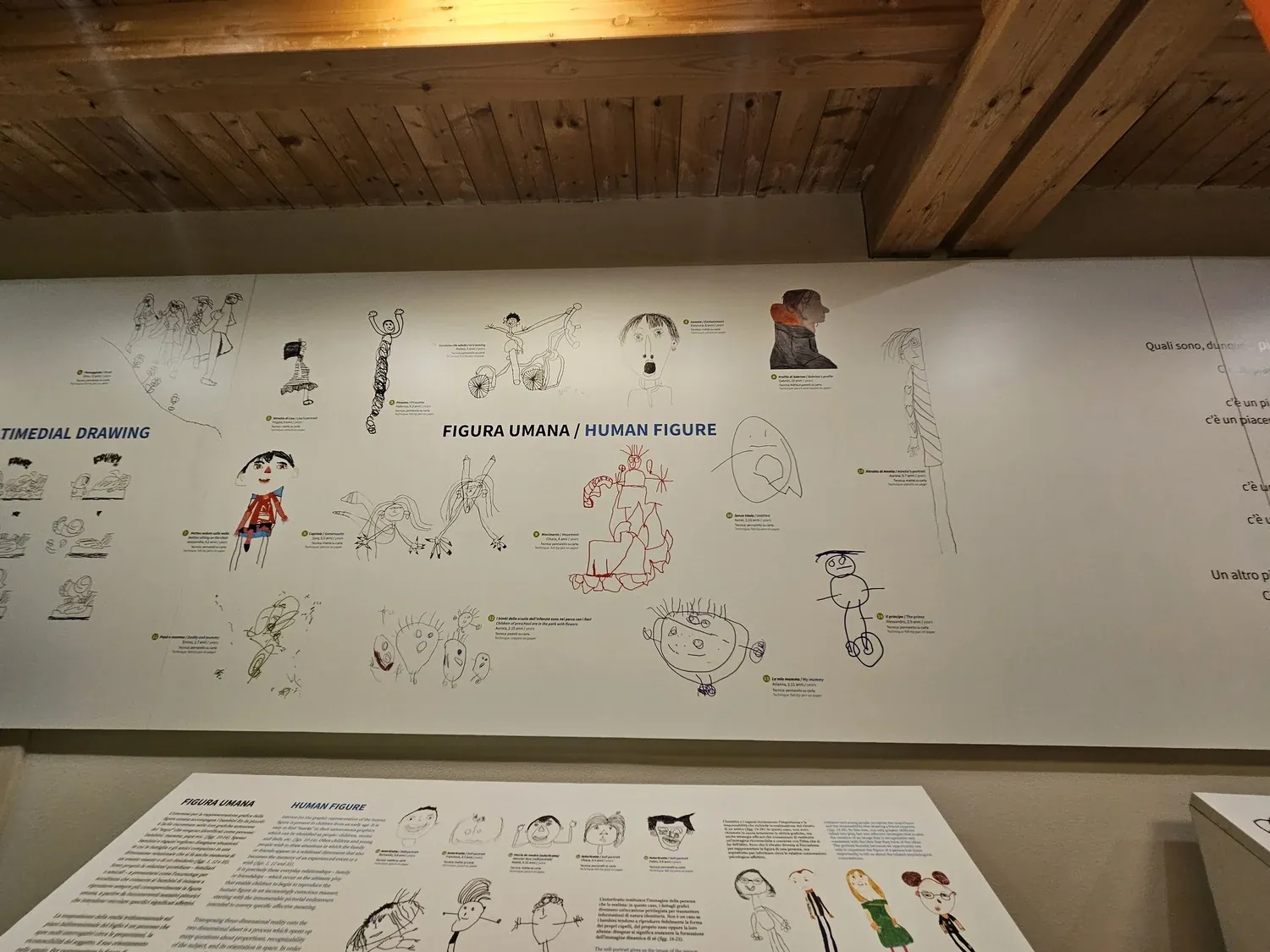 Painel de desenhos de figura humana feitos por crianças, exposto no Centro Loris Malaguzzi