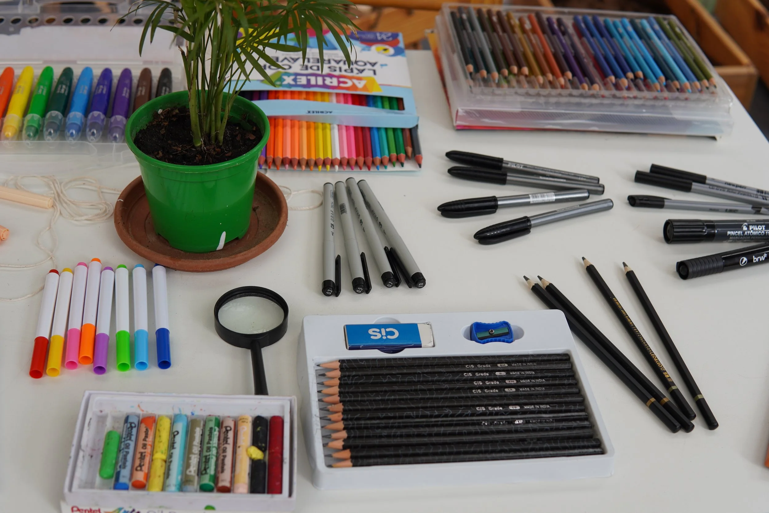 Materiais de desenho e pintura organizados para a vivência