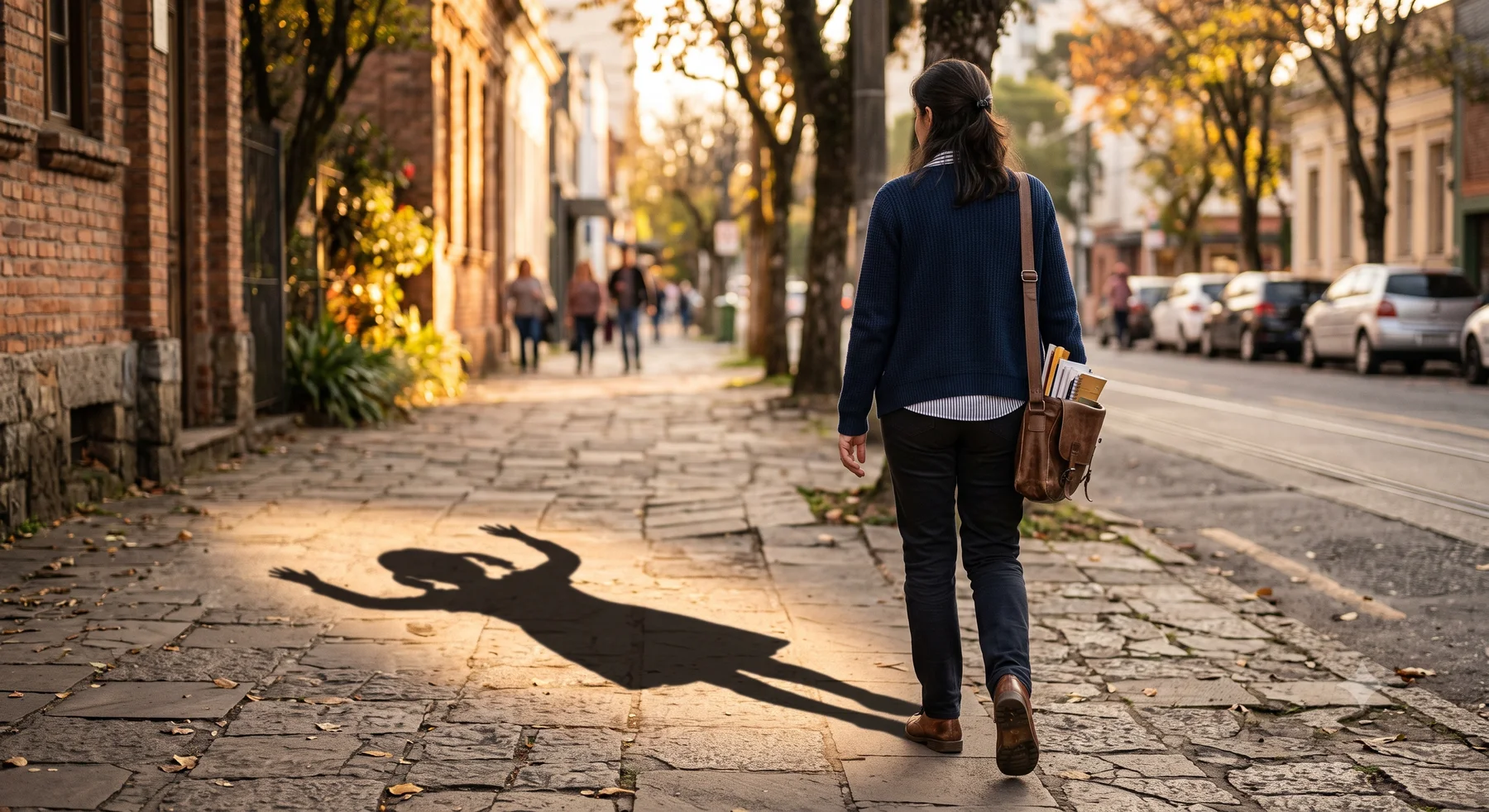 Educadora caminhando por uma rua arborizada, com a sombra de uma criança dançando a seu lado