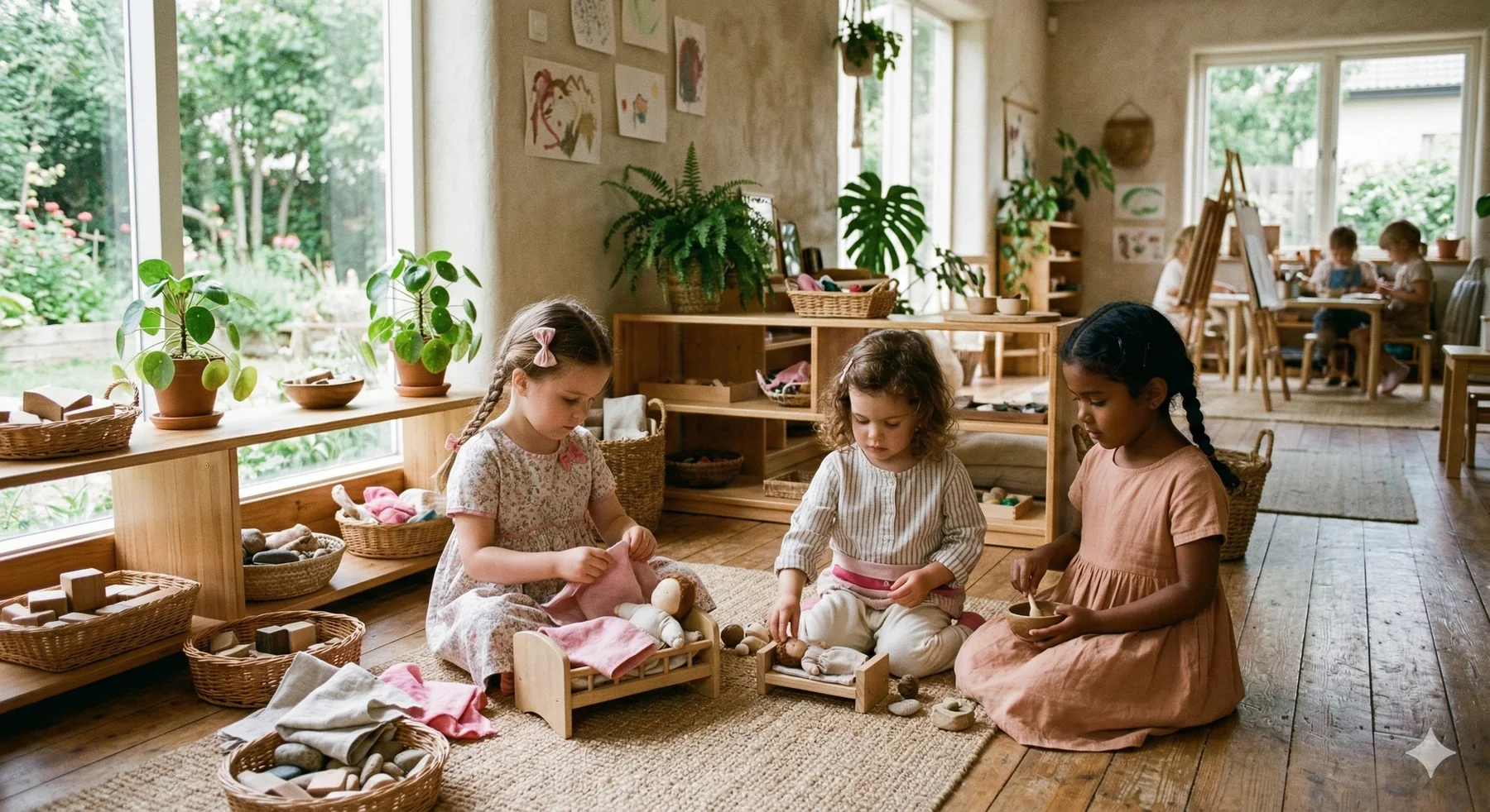 Crianças brincando em uma sala de educação infantil com materiais naturais