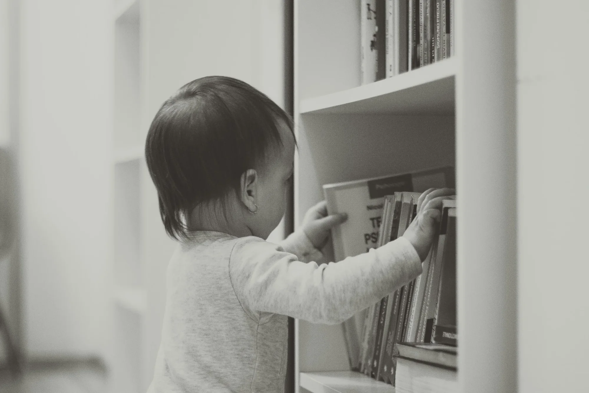 Criança pequena pegando um livro na estante